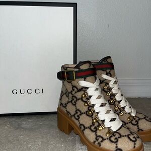 GUCCI BIG GG WOOL LACE UP COMBAT MOTO BOOTS